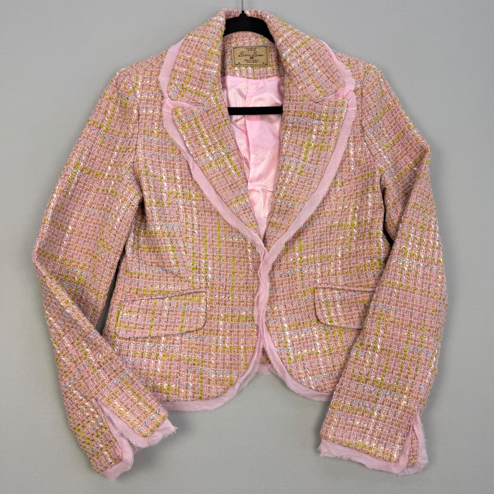 Sans Souci Preppy Pink Tweed Blazer Jacket Frayed Trim Boucle Wool Blend Large